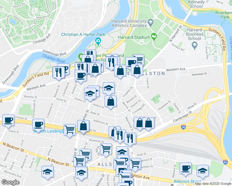 map of restaurants, bars, coffee shops, grocery stores, and more near 57 Riverdale Street in Boston