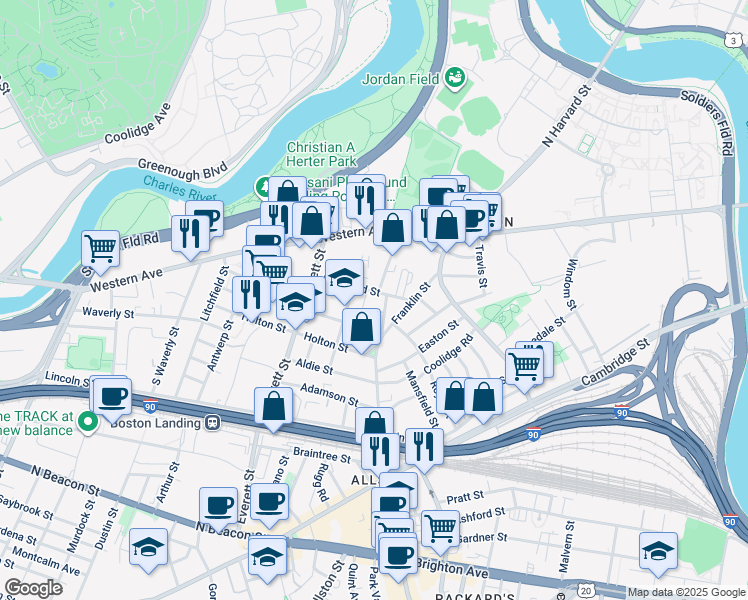 map of restaurants, bars, coffee shops, grocery stores, and more near 57 Riverdale Street in Boston