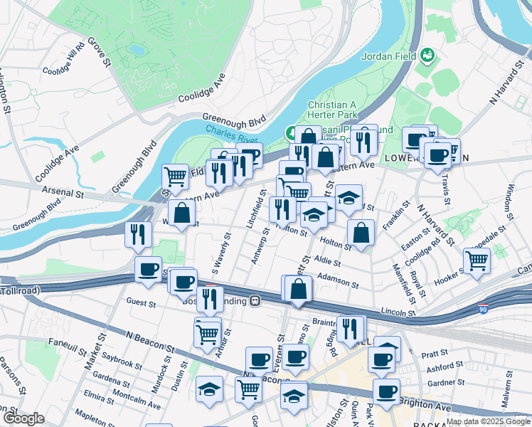 map of restaurants, bars, coffee shops, grocery stores, and more near 110 Antwerp Street in Boston