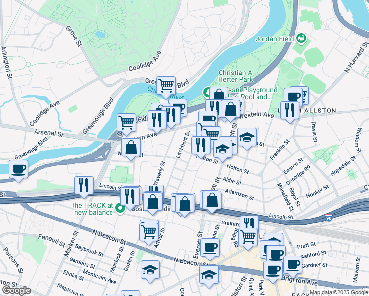 map of restaurants, bars, coffee shops, grocery stores, and more near 96 Litchfield Street in Boston