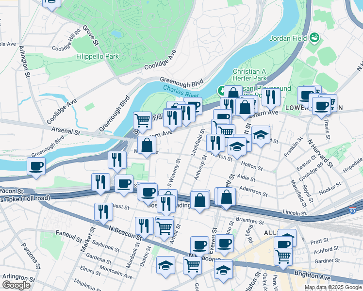 map of restaurants, bars, coffee shops, grocery stores, and more near 16 Abby Road in Boston