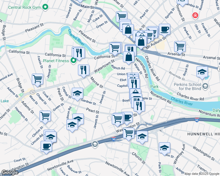 map of restaurants, bars, coffee shops, grocery stores, and more near 62 Capitol Street in Watertown