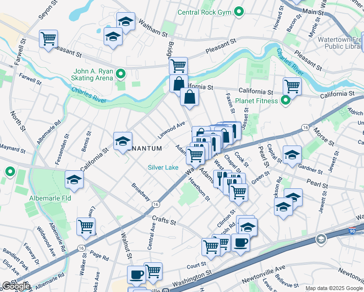 map of restaurants, bars, coffee shops, grocery stores, and more near 23 Chandler Street in Newton