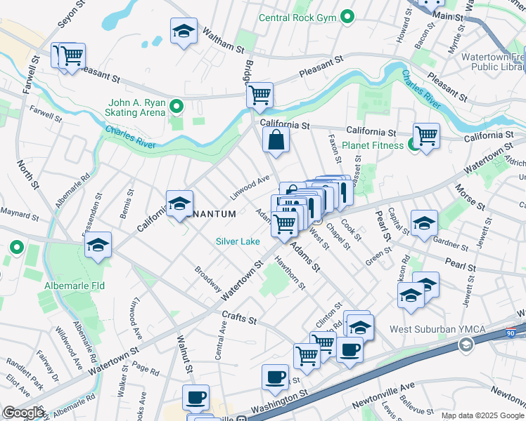 map of restaurants, bars, coffee shops, grocery stores, and more near 23 Chandler Street in Newton