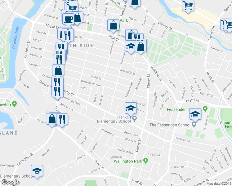map of restaurants, bars, coffee shops, grocery stores, and more near 21 Elsworth Road in Newton