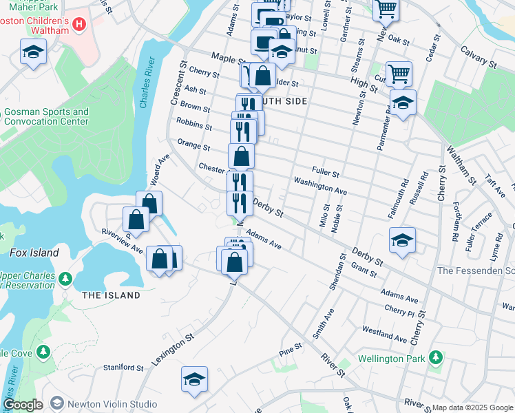 map of restaurants, bars, coffee shops, grocery stores, and more near 24 Derby Street in Waltham