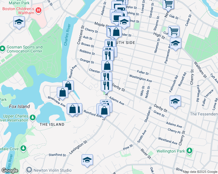 map of restaurants, bars, coffee shops, grocery stores, and more near in Waltham