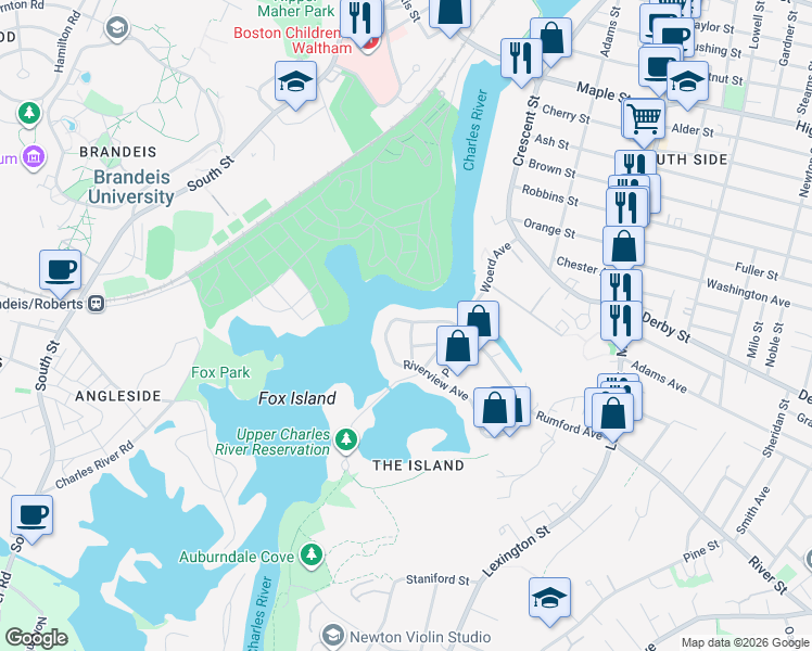 map of restaurants, bars, coffee shops, grocery stores, and more near 57 Riverview Avenue in Waltham