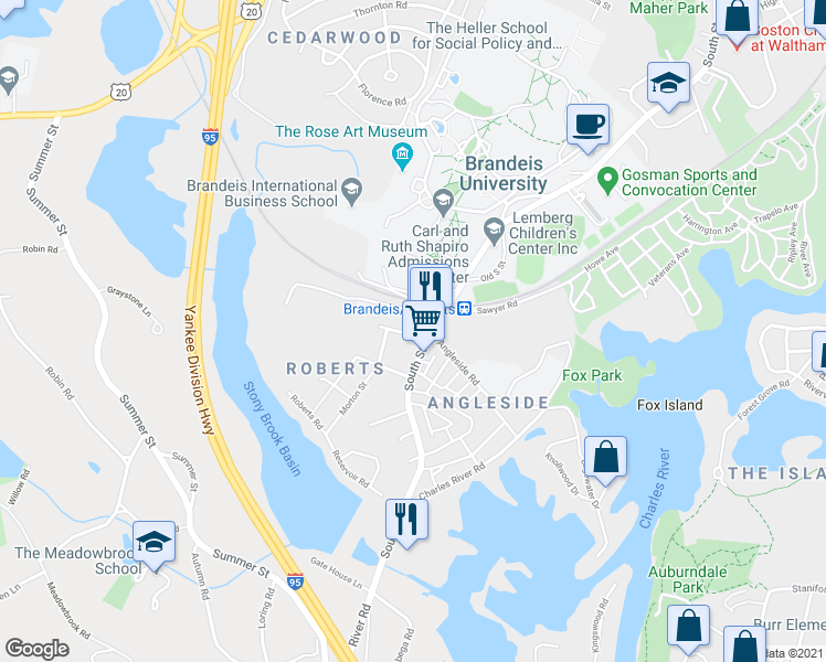 map of restaurants, bars, coffee shops, grocery stores, and more near 12-44 Turner Street in Waltham