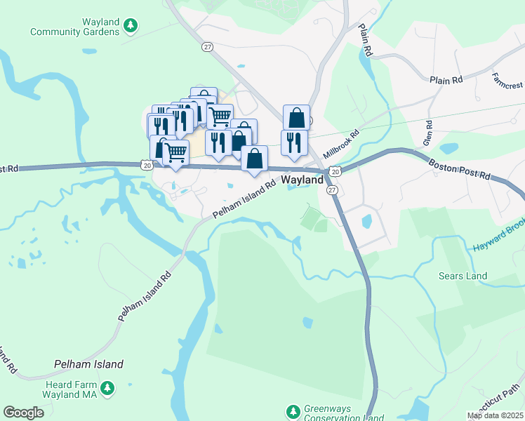 map of restaurants, bars, coffee shops, grocery stores, and more near in Wayland