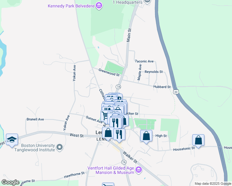 map of restaurants, bars, coffee shops, grocery stores, and more near 132-136 Main St in Lenox