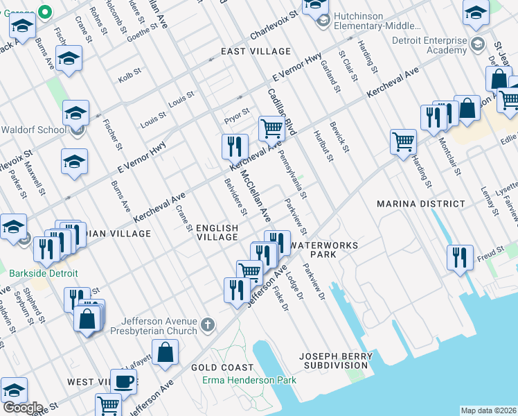 map of restaurants, bars, coffee shops, grocery stores, and more near 1520 McClellan Avenue in Detroit