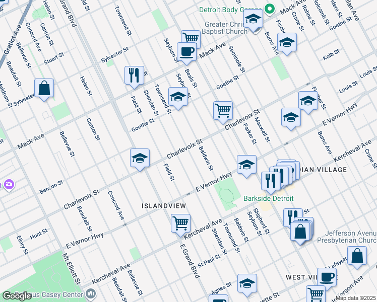 map of restaurants, bars, coffee shops, grocery stores, and more near 2901 Townsend Street in Detroit