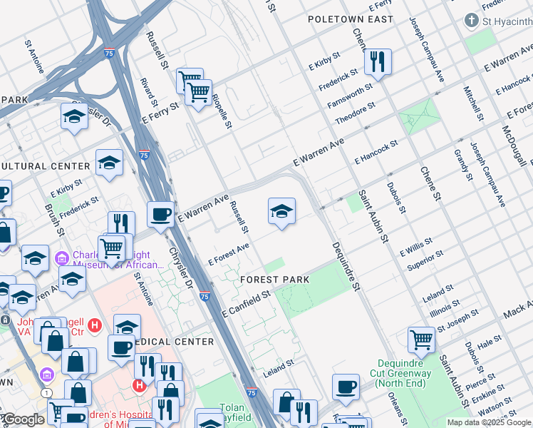 map of restaurants, bars, coffee shops, grocery stores, and more near 1600 E Warren Ave in Detroit