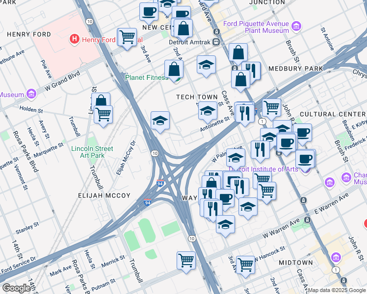 map of restaurants, bars, coffee shops, grocery stores, and more near 691 Antoinette Street in Detroit