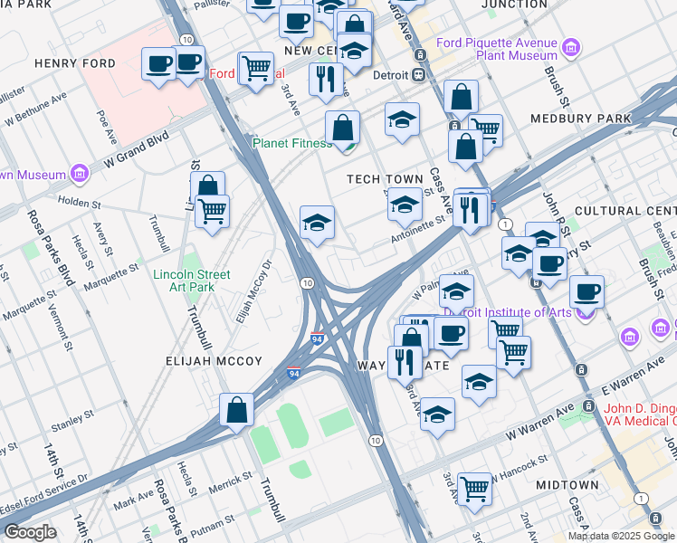 map of restaurants, bars, coffee shops, grocery stores, and more near 5880 4th Street in Detroit