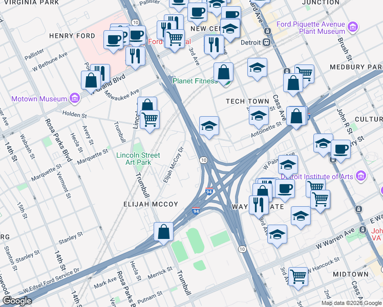 map of restaurants, bars, coffee shops, grocery stores, and more near 5881 John C Lodge Freeway in Detroit