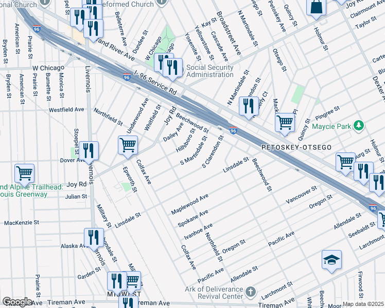 map of restaurants, bars, coffee shops, grocery stores, and more near 5100 South Martindale Street in Detroit