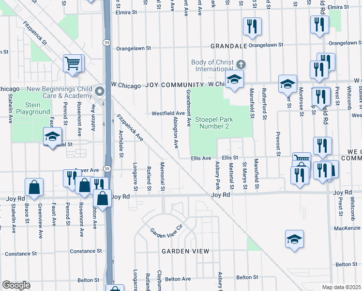 map of restaurants, bars, coffee shops, grocery stores, and more near 9155 Grandmont Avenue in Detroit