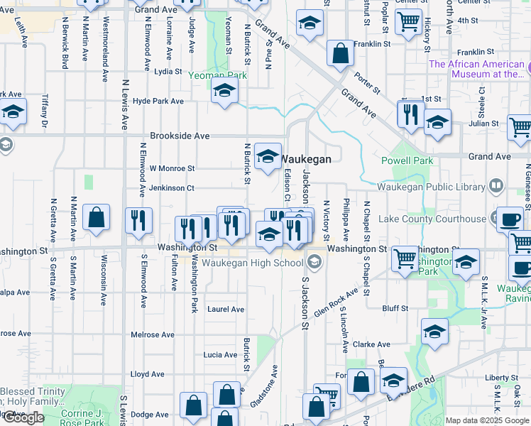 map of restaurants, bars, coffee shops, grocery stores, and more near 1318 West Cornelia Avenue in Waukegan