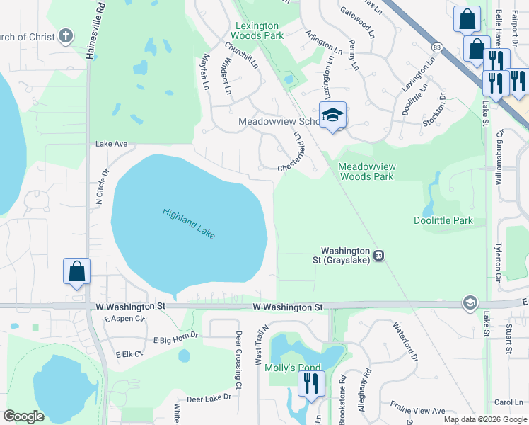 map of restaurants, bars, coffee shops, grocery stores, and more near 34320 Lakeside Drive in Grayslake