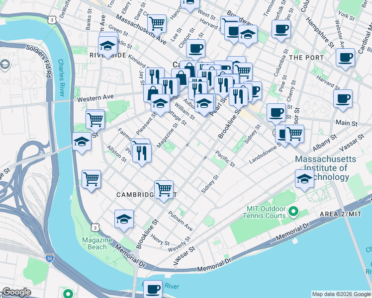 map of restaurants, bars, coffee shops, grocery stores, and more near 31 Decatur Street in Cambridge