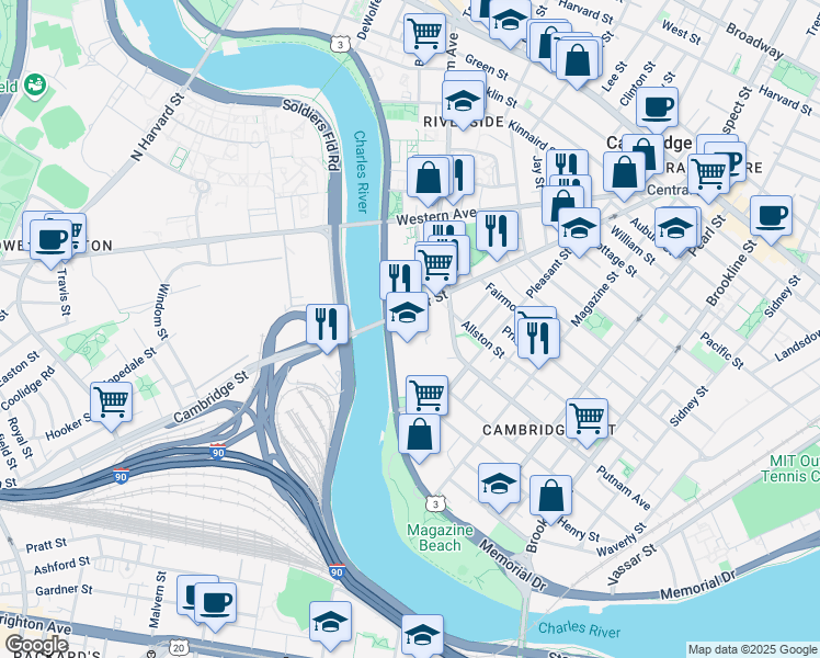 map of restaurants, bars, coffee shops, grocery stores, and more near 374 River Street in Cambridge