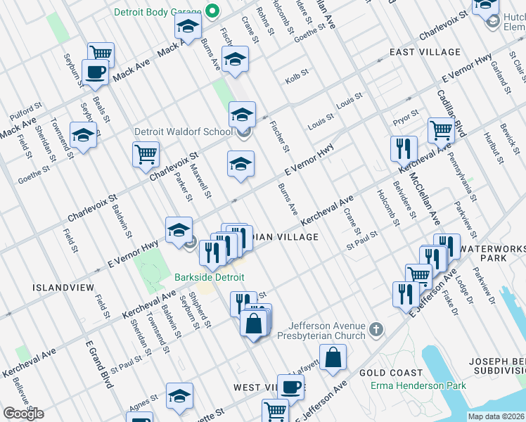 map of restaurants, bars, coffee shops, grocery stores, and more near 2212 Iroquois Avenue in Detroit