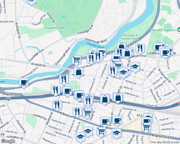 map of restaurants, bars, coffee shops, grocery stores, and more near 16 Abby Road in Boston