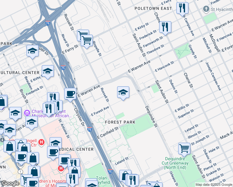 map of restaurants, bars, coffee shops, grocery stores, and more near 1600 East Warren Avenue in Detroit