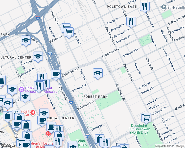 map of restaurants, bars, coffee shops, grocery stores, and more near 1600 East Warren Avenue in Detroit