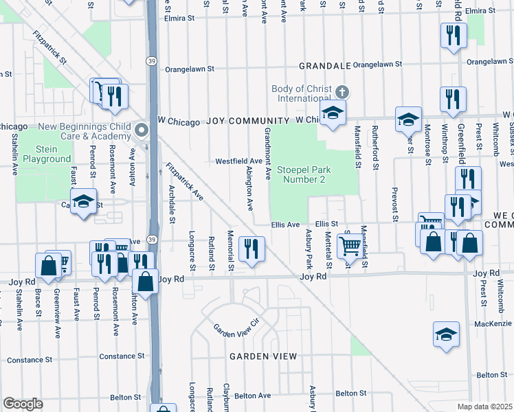 map of restaurants, bars, coffee shops, grocery stores, and more near 9155 Grandmont Avenue in Detroit
