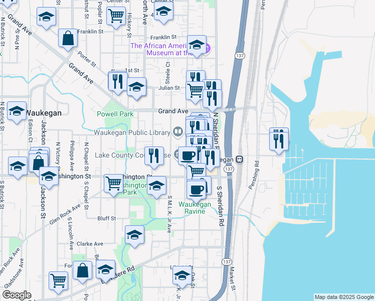map of restaurants, bars, coffee shops, grocery stores, and more near 111 North County Street in Waukegan
