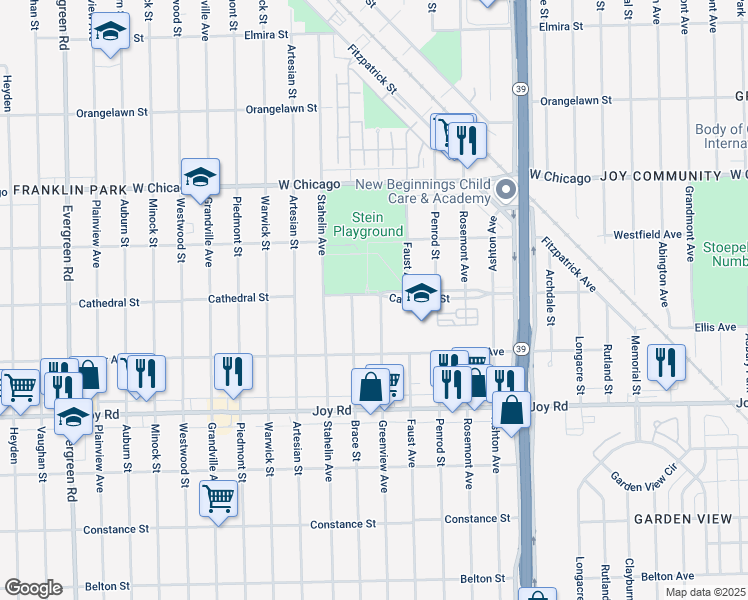 map of restaurants, bars, coffee shops, grocery stores, and more near 9119 Greenview Avenue in Detroit