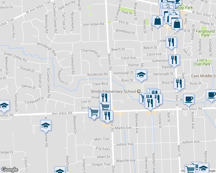 map of restaurants, bars, coffee shops, grocery stores, and more near 44403 Clare Boulevard in Plymouth