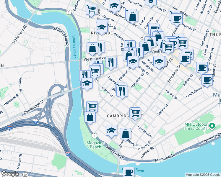 map of restaurants, bars, coffee shops, grocery stores, and more near 25 Andrew Street in Cambridge