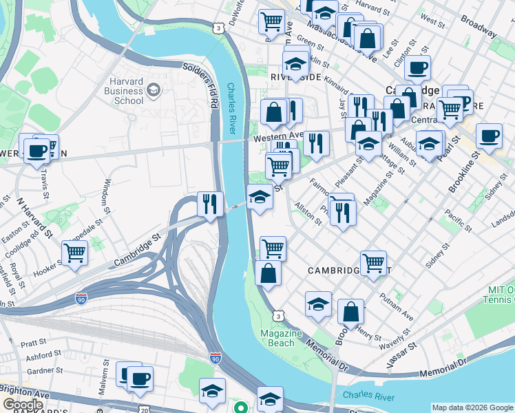 map of restaurants, bars, coffee shops, grocery stores, and more near 374 River Street in Cambridge