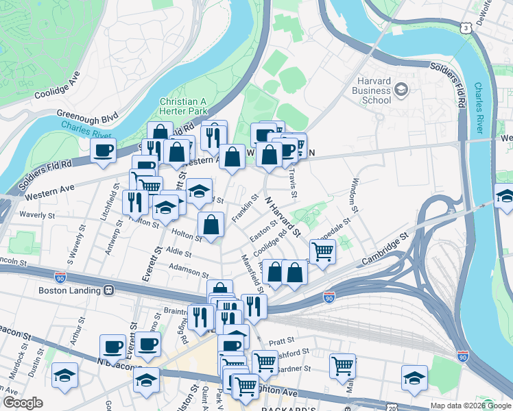 map of restaurants, bars, coffee shops, grocery stores, and more near 158-160 Franklin Street in Boston