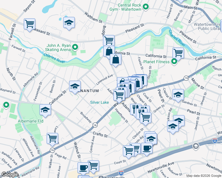 map of restaurants, bars, coffee shops, grocery stores, and more near 23 Chandler Street in Newton
