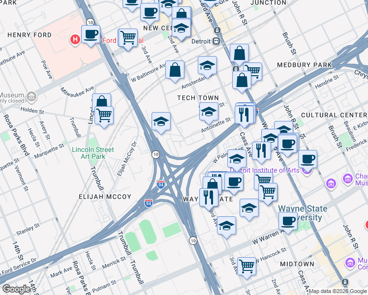 map of restaurants, bars, coffee shops, grocery stores, and more near 691 Antoinette Street in Detroit