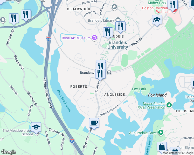 map of restaurants, bars, coffee shops, grocery stores, and more near 20 Turner Street in Waltham