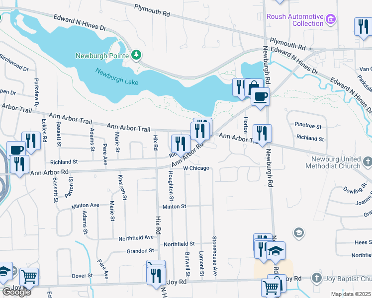map of restaurants, bars, coffee shops, grocery stores, and more near 38089 Richland Street in Livonia