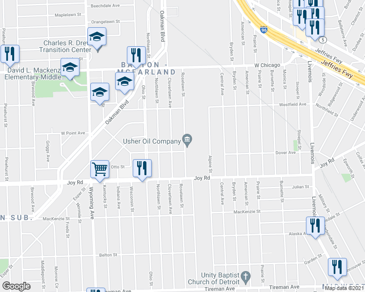 map of restaurants, bars, coffee shops, grocery stores, and more near 9019 Roselawn Street in Detroit