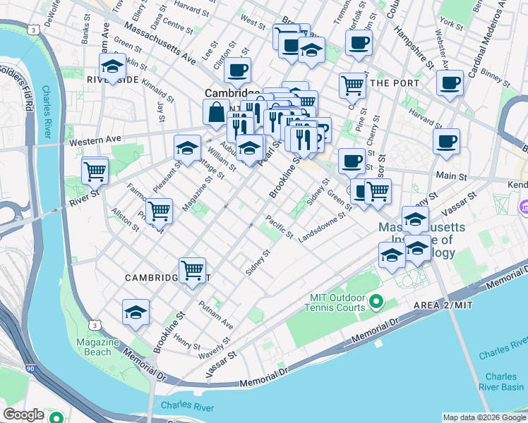 map of restaurants, bars, coffee shops, grocery stores, and more near 119 Pacific Street in Cambridge
