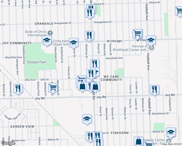 map of restaurants, bars, coffee shops, grocery stores, and more near 9131 Greenfield Road in Detroit