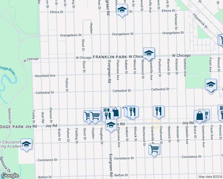map of restaurants, bars, coffee shops, grocery stores, and more near 9213 Plainview Avenue in Detroit