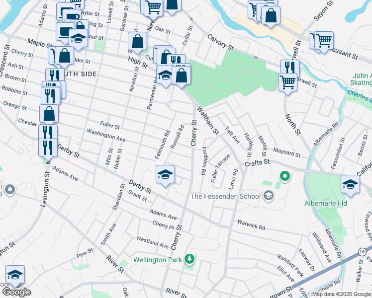 map of restaurants, bars, coffee shops, grocery stores, and more near 19 Sylvester Road in Newton