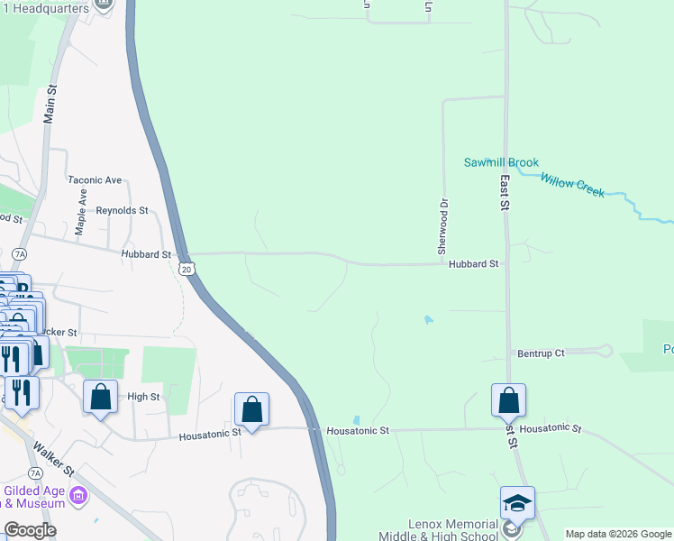 map of restaurants, bars, coffee shops, grocery stores, and more near 160 Hubbard Street in Lenox