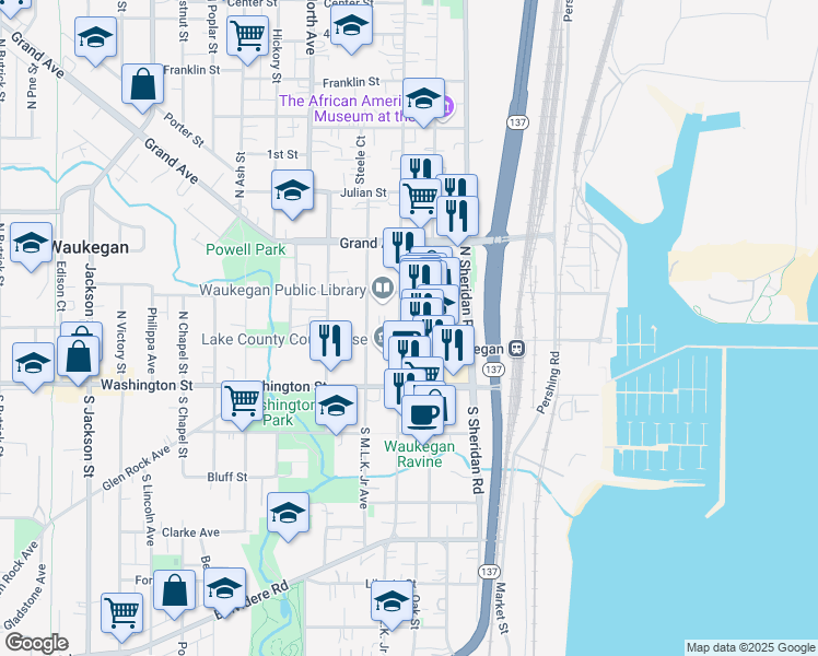 map of restaurants, bars, coffee shops, grocery stores, and more near 111 North County Street in Waukegan
