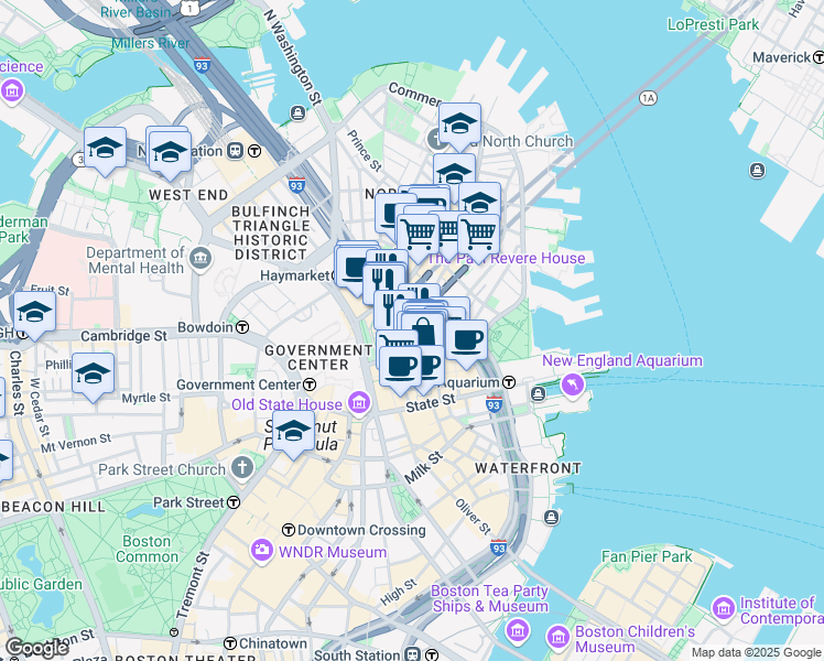 map of restaurants, bars, coffee shops, grocery stores, and more near John F Fitzgerald Surface Road in Boston
